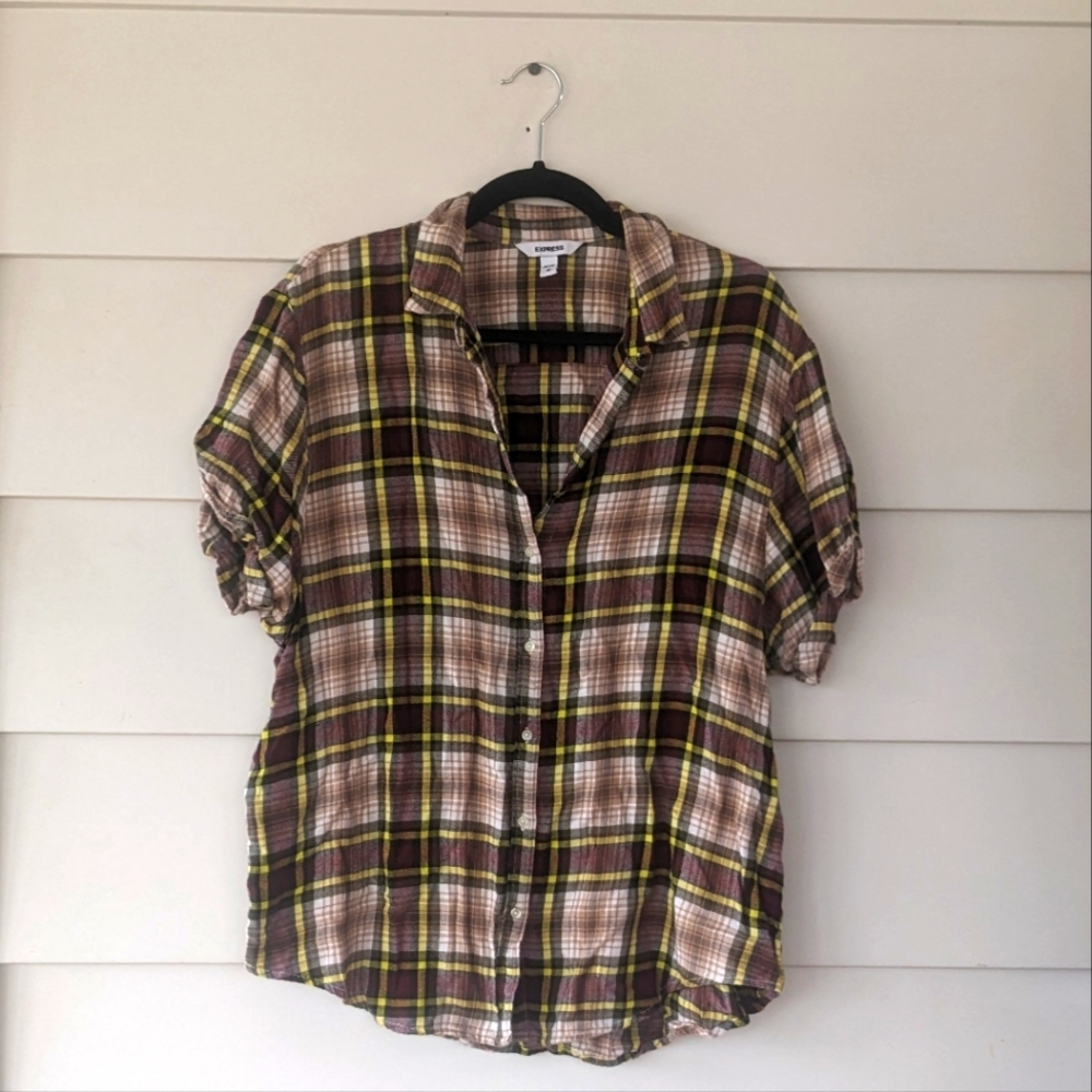 Express Women's Plaid Short Sleeve Shirt, Size M